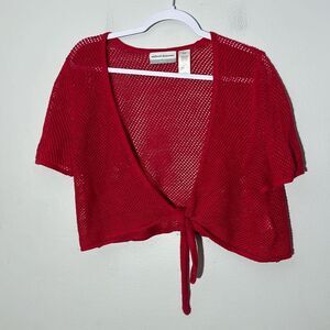 Vintage Alfred Dunner Knit Red Tie Front Cropped Cardigan Sweater PXL Y2K 90s